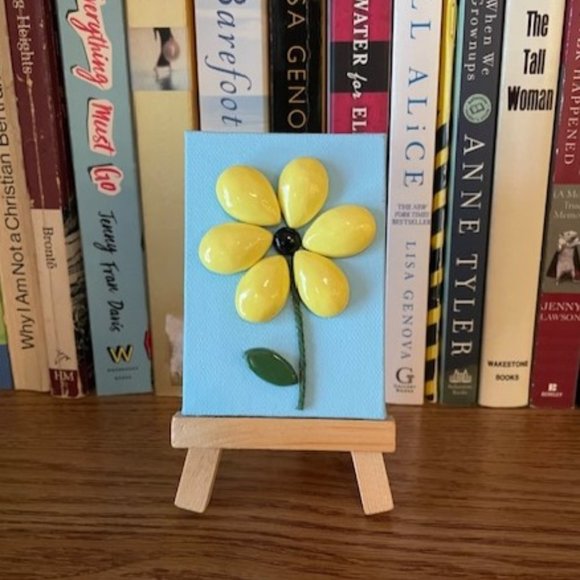 Mini Painting on Canvas with Easel - Yellow Flower on Light Blue - Picture 2 of 3